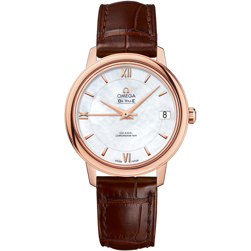 De Ville Prestige 32.7 mm, red gold on leather strap - Omega