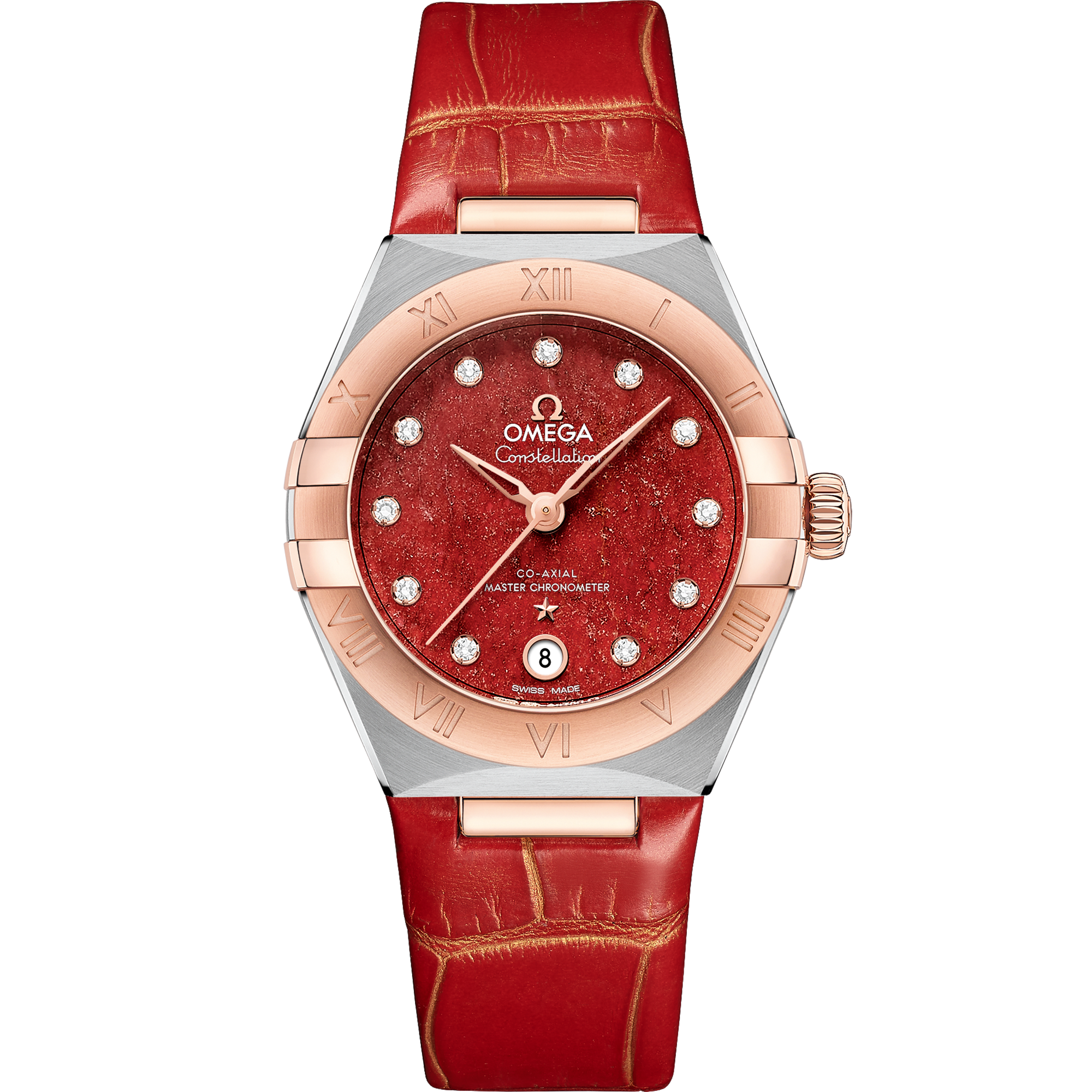 Red dial watch on Steel - Sedna™ gold case with Leather strap - Constellation 29 mm, steel - Sedna™ gold on leather strap - 131.23.29.20.99.002