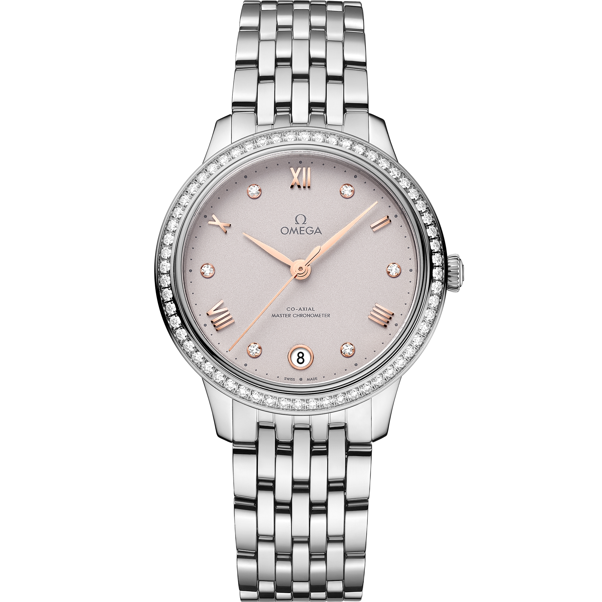 Pink - Grey dial watch on Steel case with Steel bracelet - De Ville Prestige 34 mm, Steel on Steel - 43415342052002