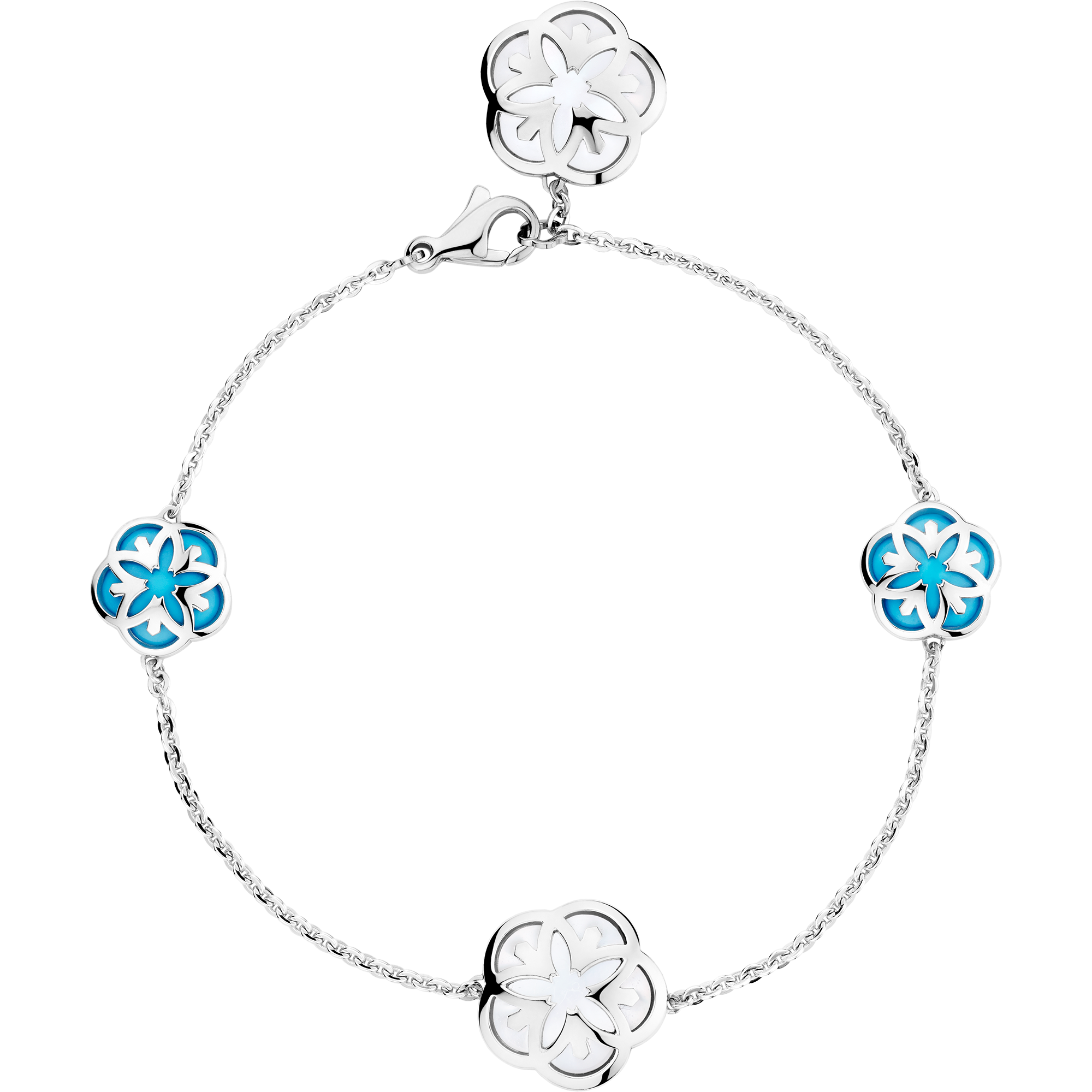 Omega Flower Bracelet, 18K white gold, Mother-of-pearl cabochon, Turquoise cabochon - B603BC0700605
