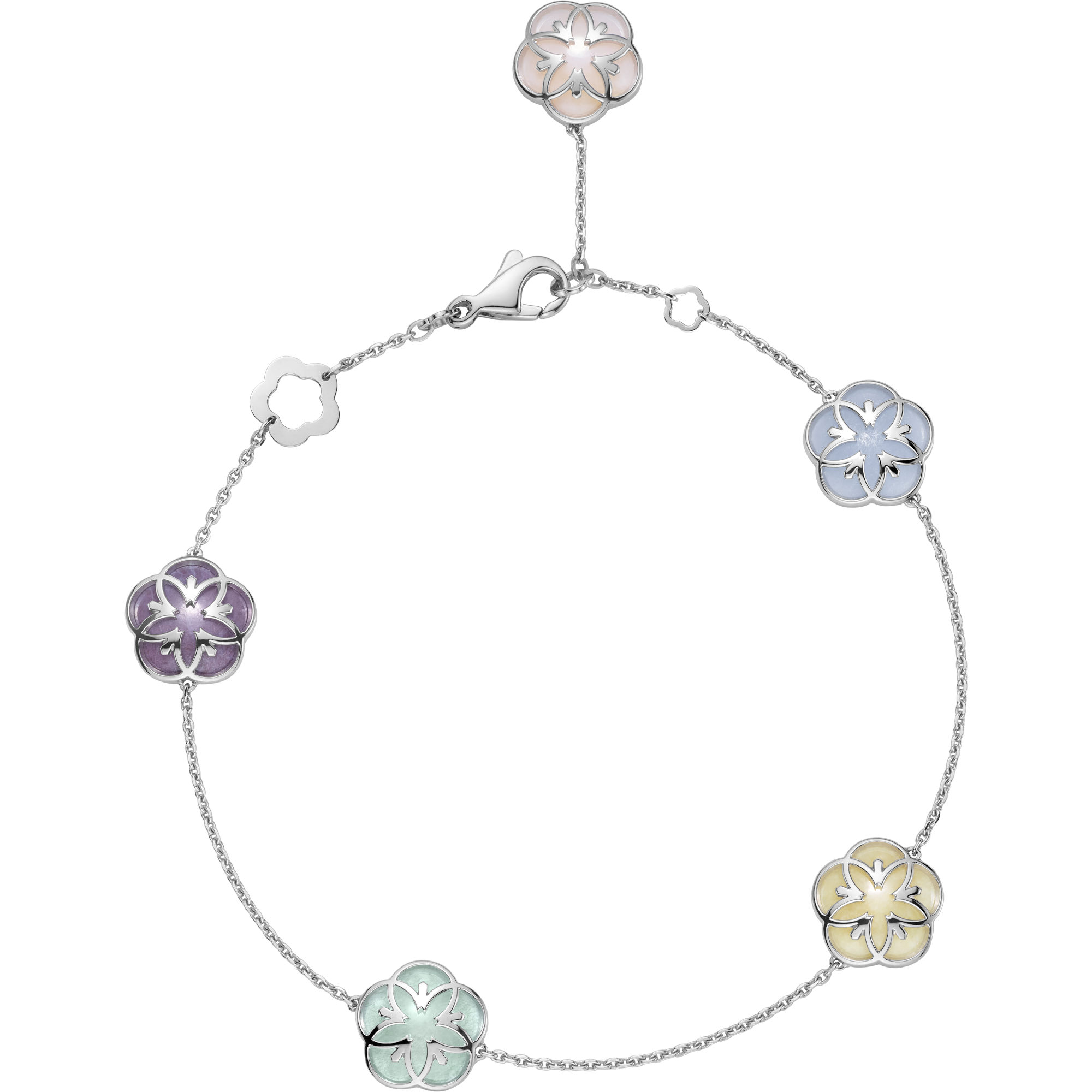 Omega Flower Bracelet, 18K white gold, Blue Angelite, Green Chalcedony, Pink opale, Purple Jade, Yellow Jade - B603BC0700705