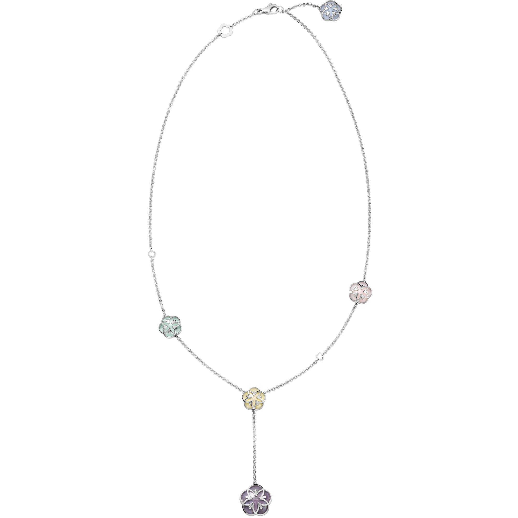Omega Flower Necklace, 18K white gold, Blue Angelite, Green Chalcedony, Pink opale, Purple Jade, Yellow Jade - N603BC0700705