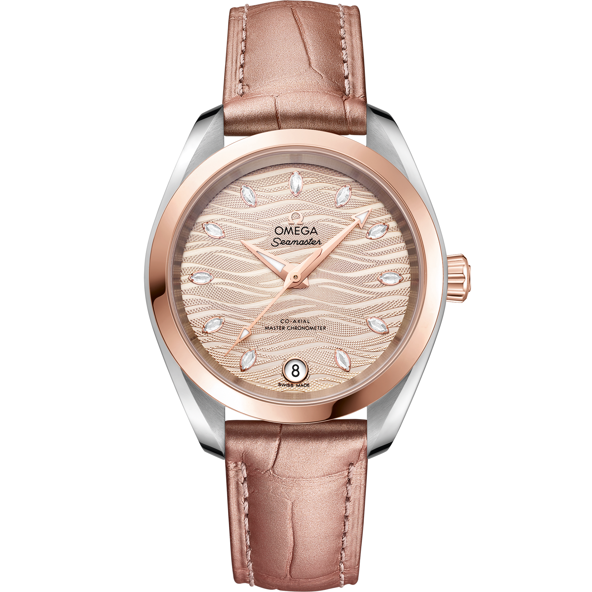 Seamaster 34 mm, steel - Sedna™ gold on leather strap - 220.23.34.20.59.001