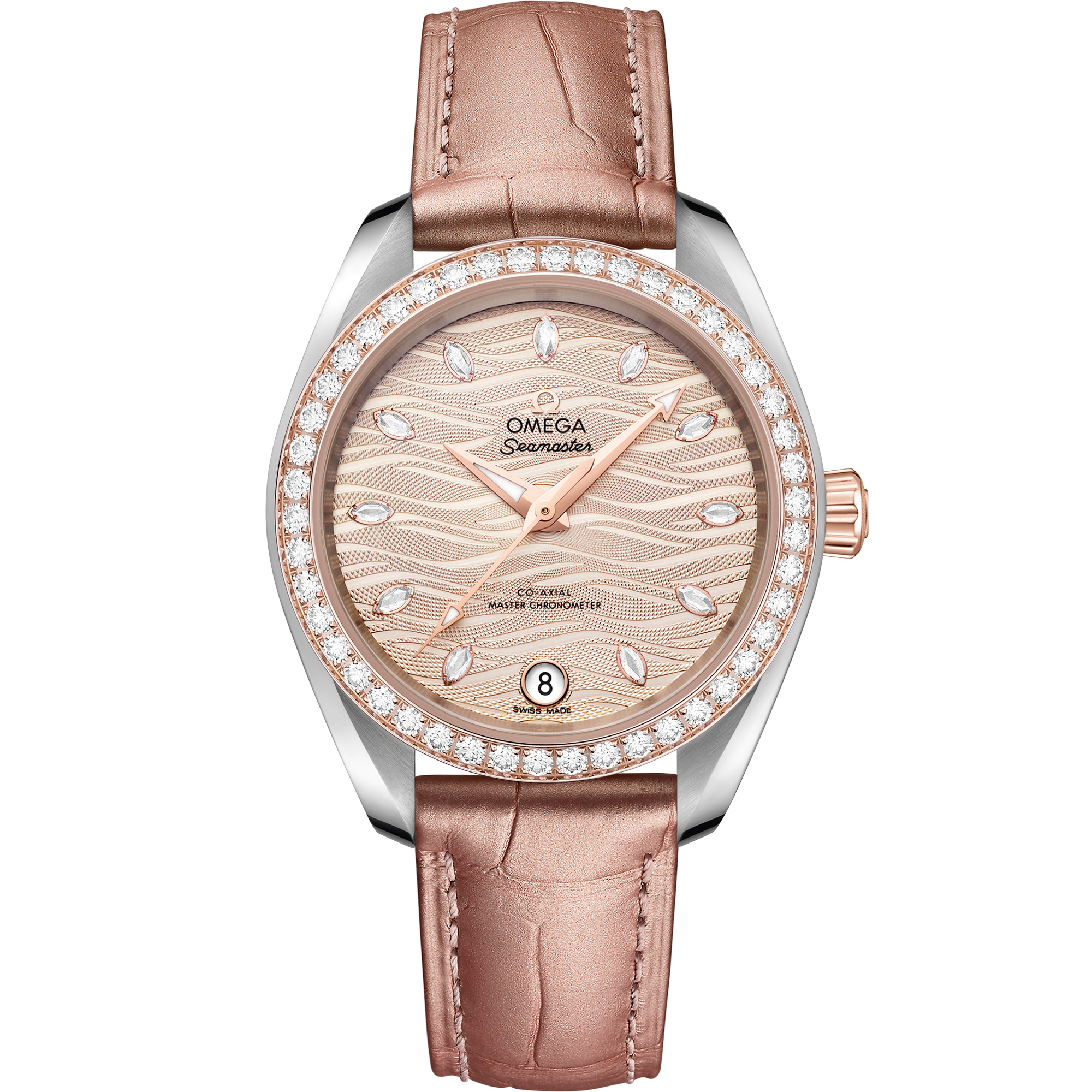 Seamaster 34 mm, steel - Sedna™ gold on leather strap - 220.28.34.20.59.001