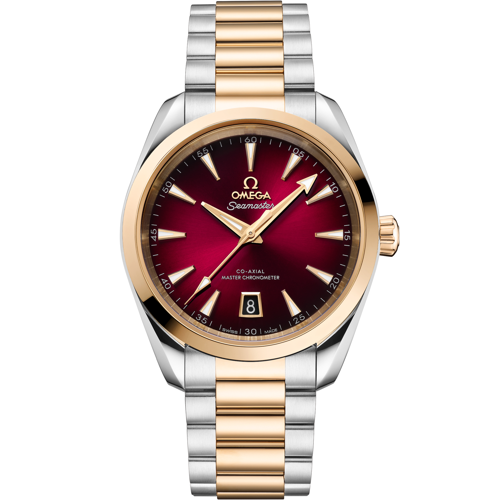 Red dial watch on steel - Moonshine™ gold case with steel - Moonshine™ gold bracelet - Seamaster Aqua Terra 150M 38 mm, steel - Moonshine™ gold on steel - Moonshine™ gold - 220.20.38.20.10.002