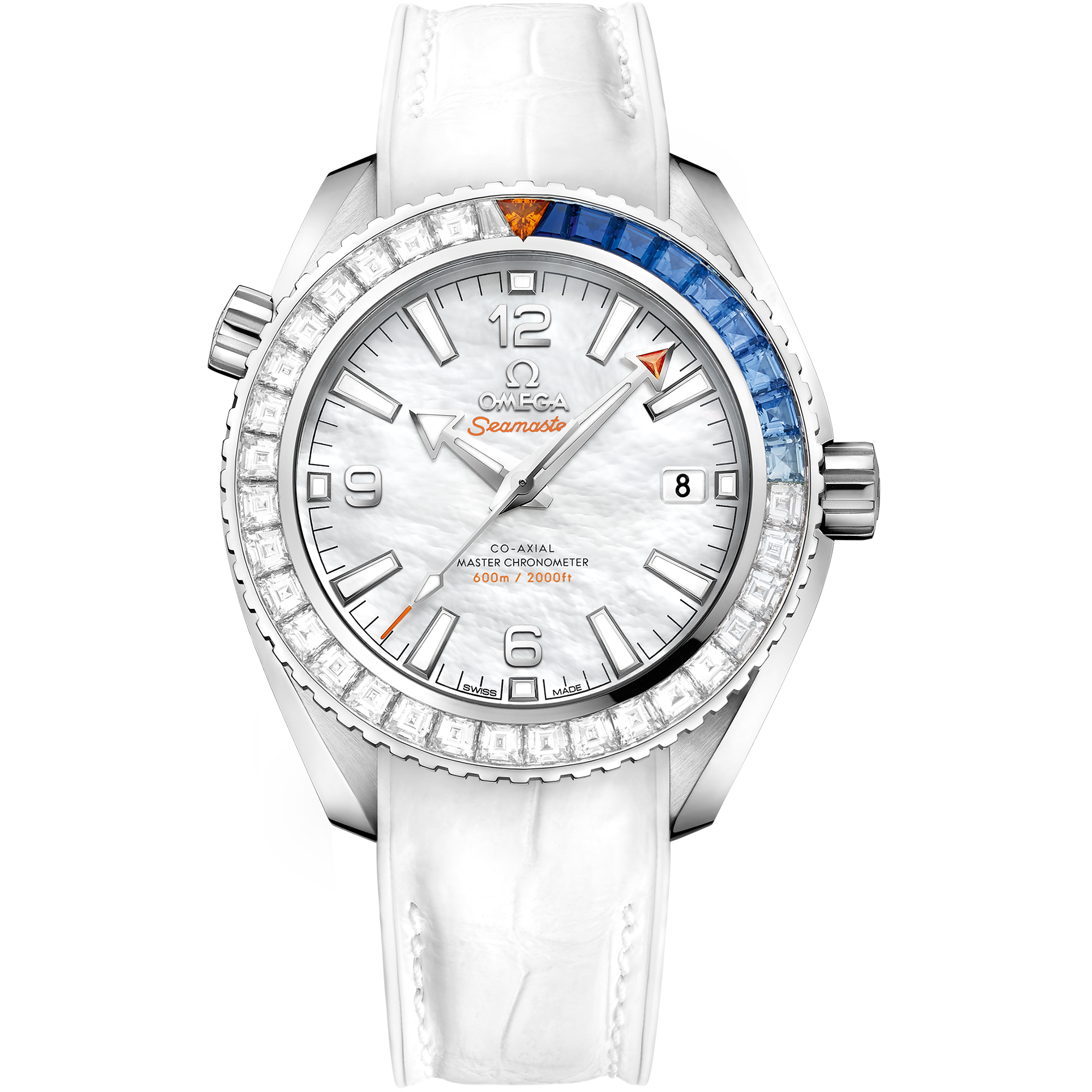 Seamaster Planet Ocean 600M 39,5 mm, or blanc sur bracelet en cuir doublé de caoutchouc - 215.58.40.20.05.001