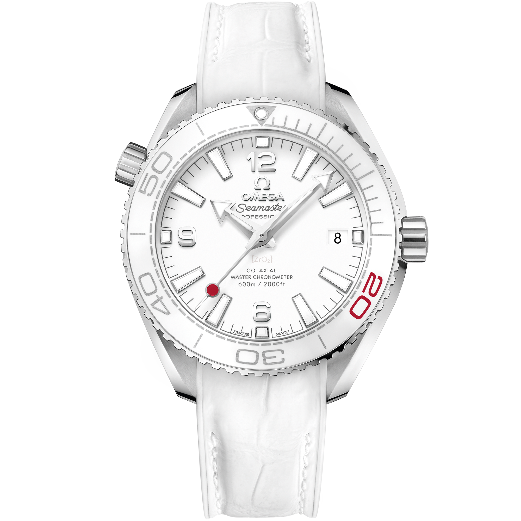Uhr mit Weiß Zifferblatt auf Stahl Gehäuse mit Lederarmband bracelet - Seamaster Planet Ocean 600M 39,5 mm, Stahl mit Lederarmband - 522.33.40.20.04.001