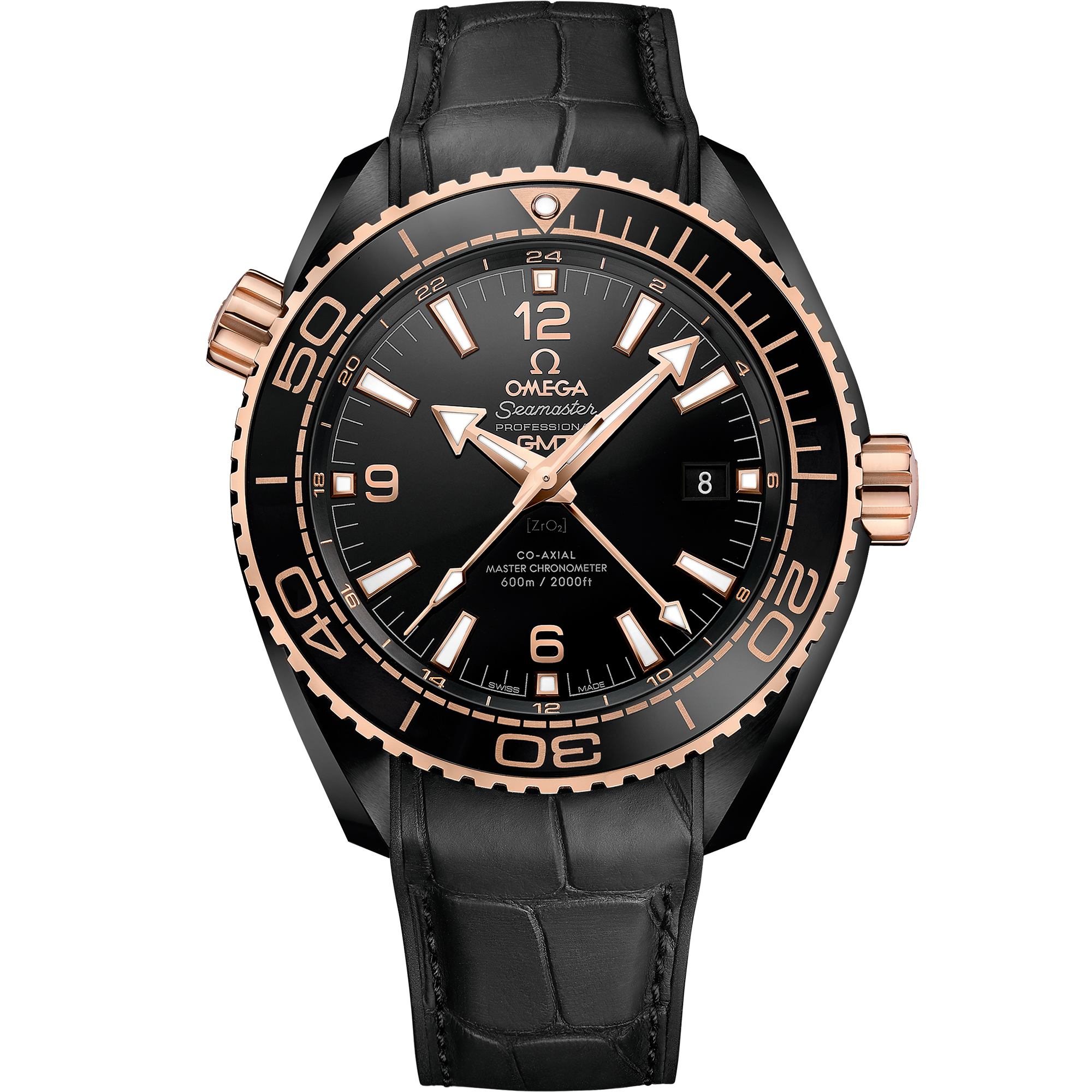Seamaster Planet Ocean 600M 45,5 mm, céramique noire sur bracelet en cuir doublé de caoutchouc - 215.63.46.22.01.001