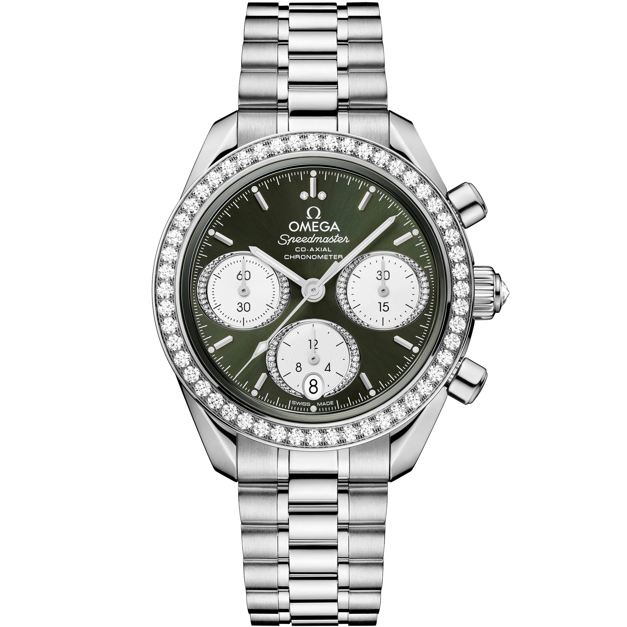 Uhr mit Grün Zifferblatt auf Stahl Gehäuse mit Edelstahlarmband bracelet - Speedmaster 38 38 mm, Stahl mit Edelstahlarmband - 324.15.38.50.60.001