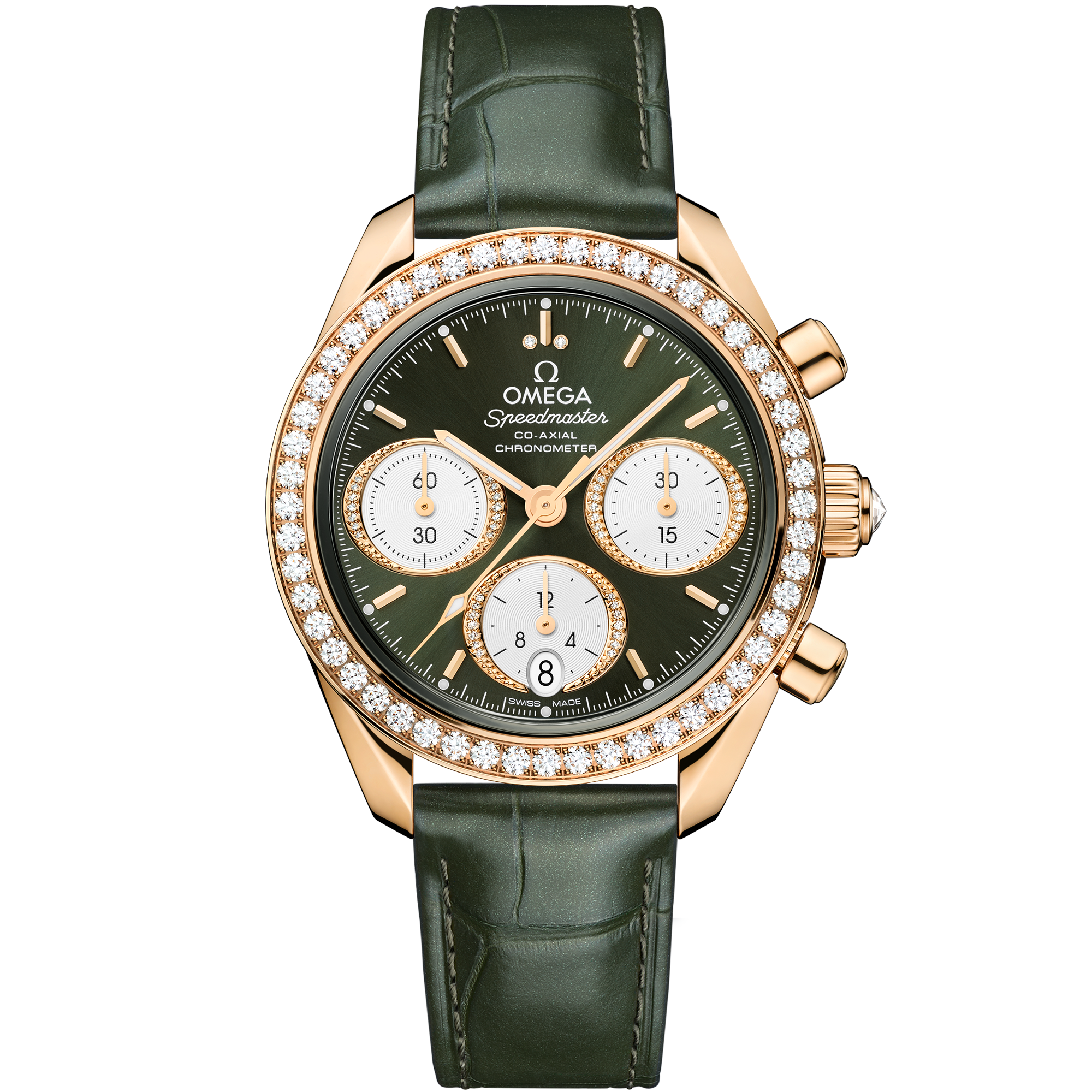 Green dial watch on Moonshine™ gold case with Alligator bracelet - Speedmaster 38 38 mm, Moonshine™ gold on Alligator - 324.58.38.50.60.001