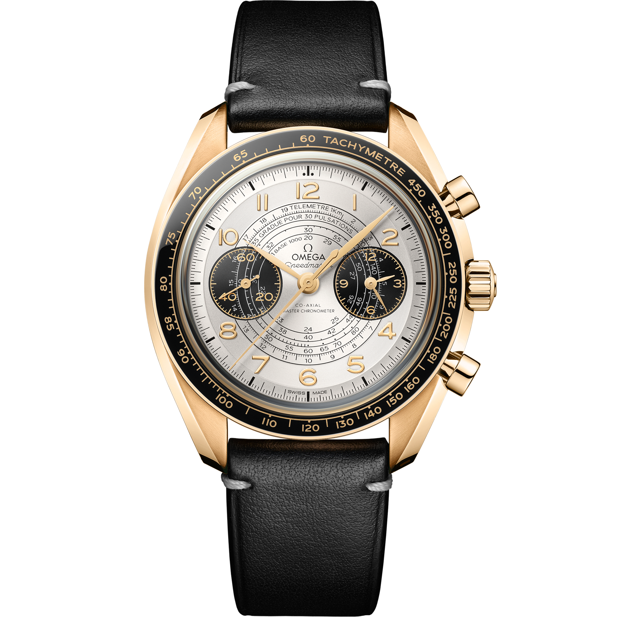 Uhr mit Silber Zifferblatt auf Moonshine™-Gold Gehäuse mit Lederarmband bracelet - Speedmaster Chronoscope 43 mm, Moonshine™-Gold mit Lederarmband - 522.62.43.51.02.001