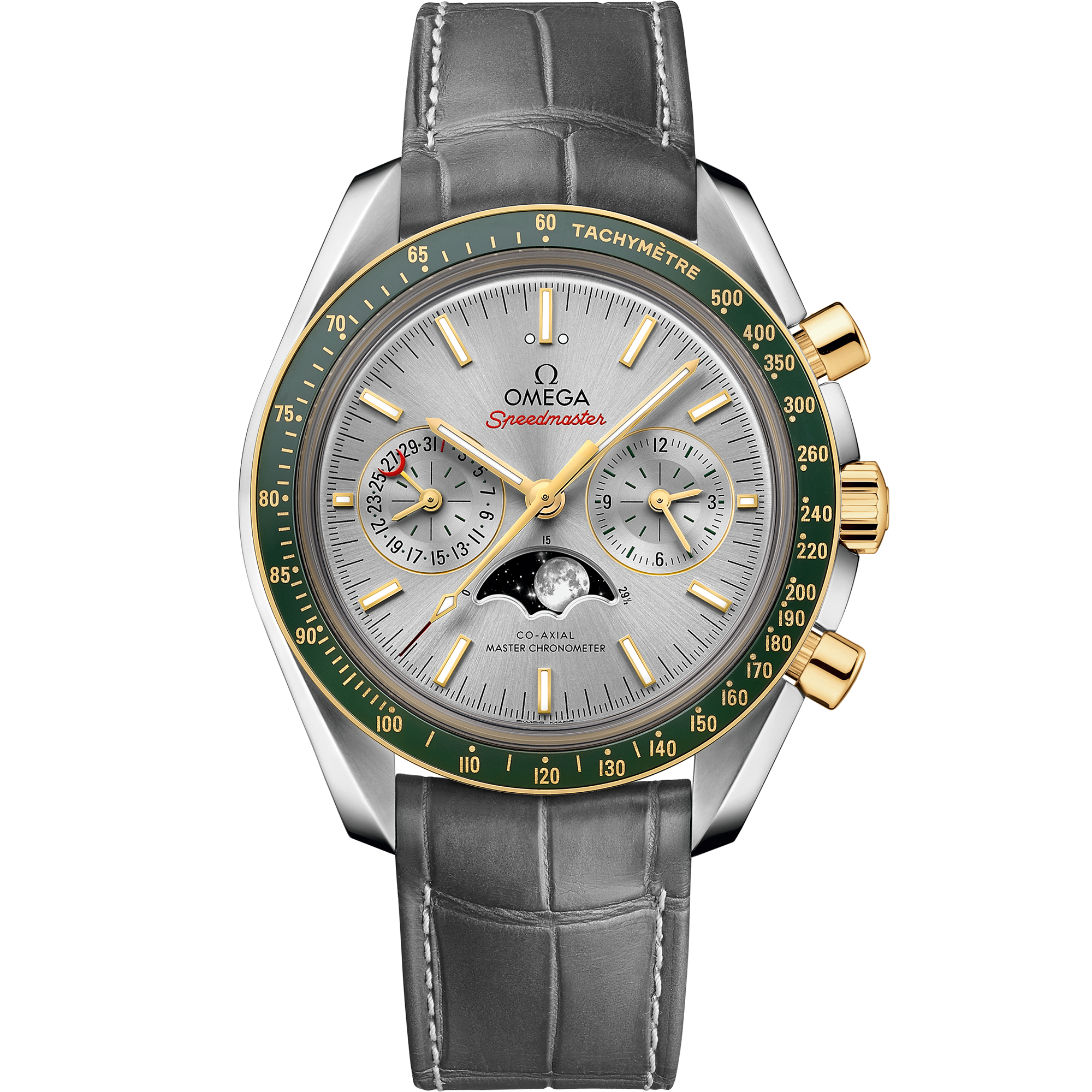 Speedmaster Moonphase 44.25 mm, steel - yellow gold on leather strap - 304.23.44.52.06.001