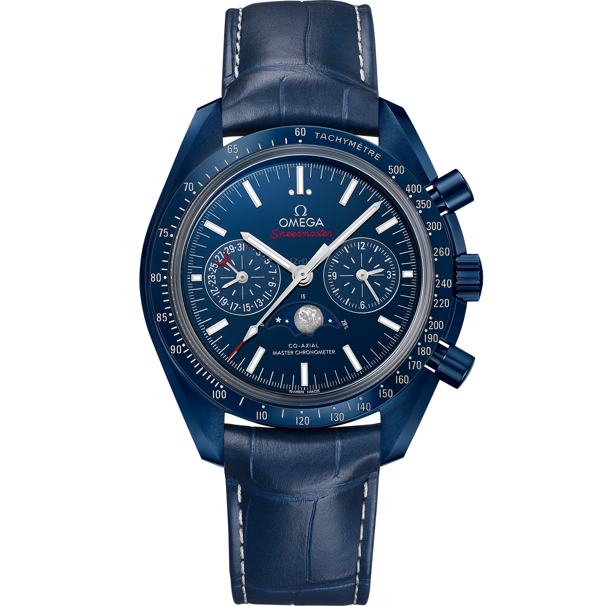 Speedmaster 44,25 mm, céramique bleue sur bracelet en cuir - 304.93.44.52.03.001