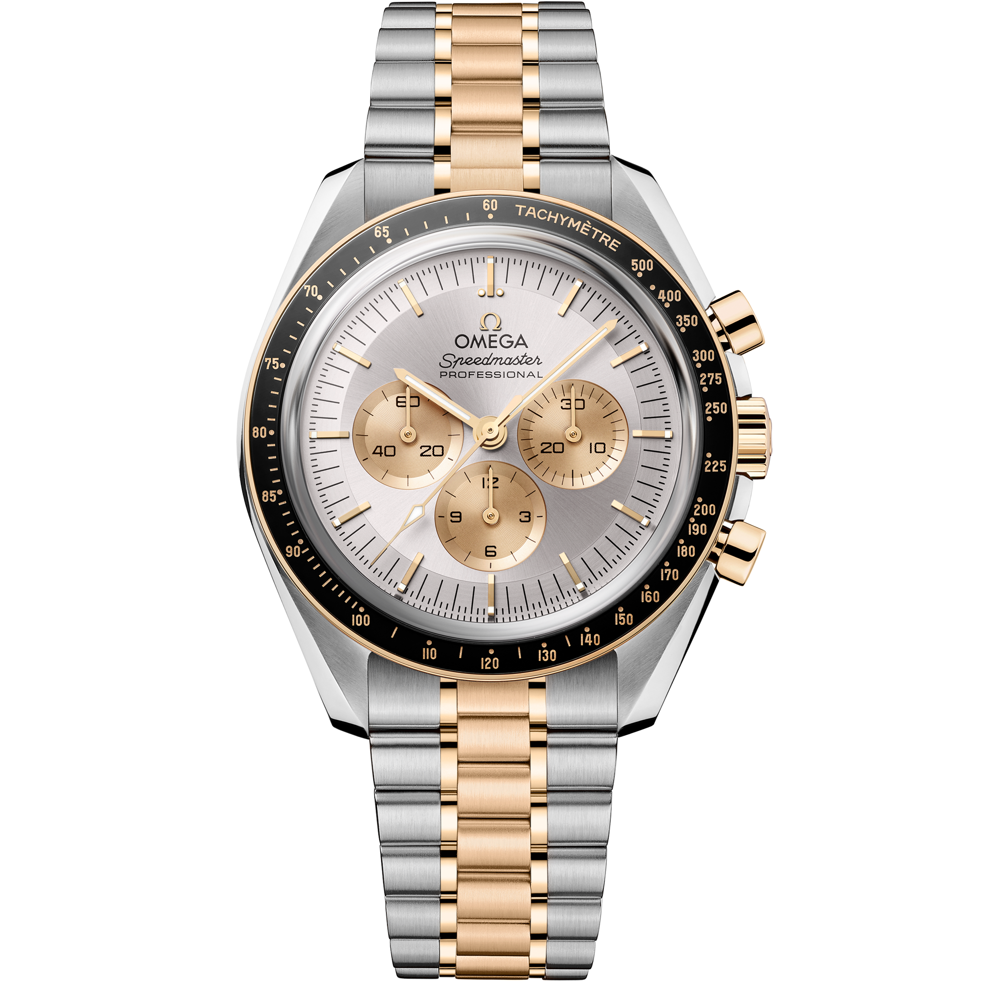Silver dial watch on steel - Moonshine™ gold case with steel - Moonshine™ gold bracelet - Speedmaster Moonwatch Professional 42 mm, steel - Moonshine™ gold on steel - Moonshine™ gold - 310.20.42.50.02.001