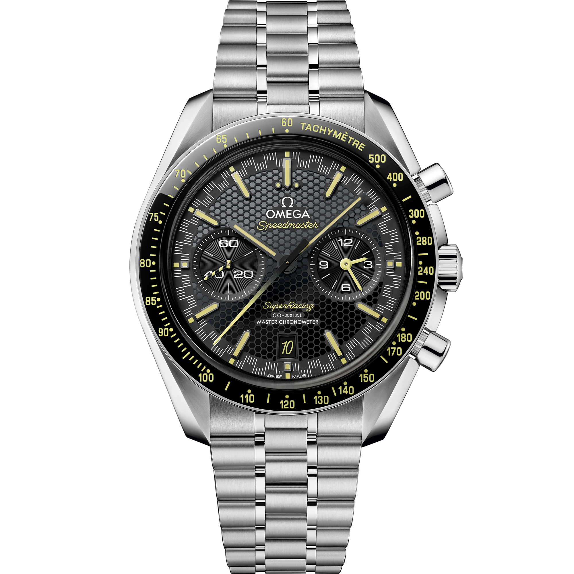 Uhr mit Schwarz Zifferblatt auf Stahl Gehäuse mit Edelstahlarmband bracelet - Speedmaster Super Racing 44,25 mm, Stahl mit Stahlband - 329.30.44.51.01.003