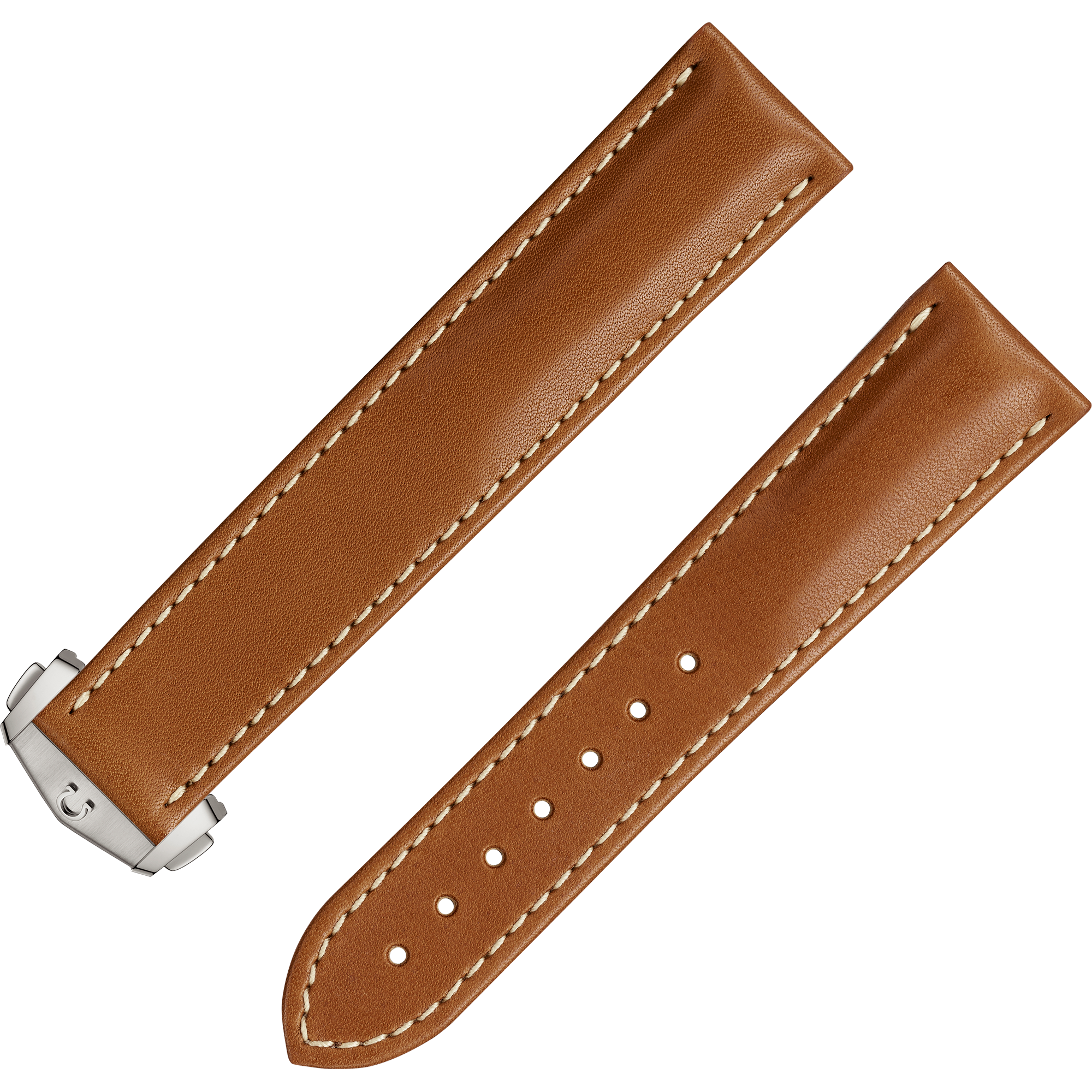 Two-piece strap - Golden brown leather strap with foldover clasp - 032CUZ007420W