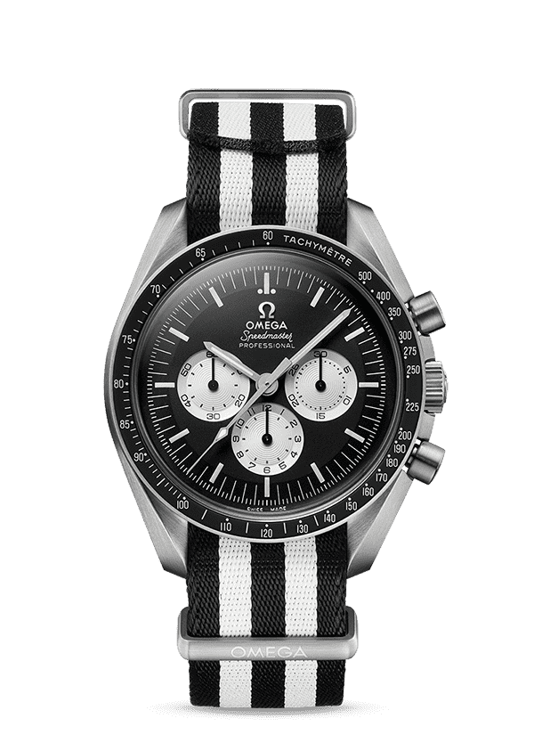 Omega Speedmaster Speedy Tuesday Limited Edition steel case and black dial with black and white striped fabric bracelet